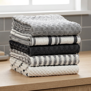 Striped Pure Cotton Terry <b>Cloth</b> Hypoallergenic Kitchen Towels Rectangle Machine Washable Gray <b>Black</b> White Set Quick-Dry Woven - Product Image 1