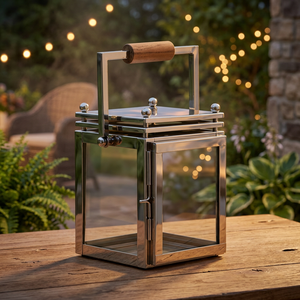 Stainless Steel Small Candle <b>Lantern</b> with Wooden Handle Unique Design for Outdoor Room Decoration Metal Vase with Engraving - Product Image 1