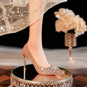 Escarpins à bout pointu et talon aiguille, à paillettes et strass, chaussures de mariée pour soirée, taille 35-40 - Product Image 1