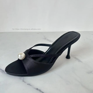 Elegant Satin Women's Mules With Pearl Detail, High Heel <b>Open</b> Toe Slip-On Sandals for Wedding & Formal Occasions - Product Image 6