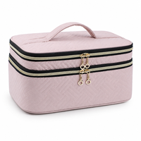 Trousse de Maquillage de Luxe en Cuir PU Double Couche Grande Capacité, Étui de Voyage Marron pour Cosmétiques avec Poignée et Fermeture Éclair