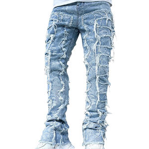 Calças Masculinas Personalizadas OEM Roxas com Estampa Larga, <span class=keywords><strong>Jeans</strong></span> Urbanos Casuais de Verão com Técnicas de Lavagem e Estilo Empilhado - Product Image 1