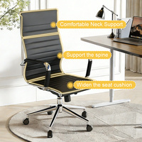Chaise de bureau à dossier haut en cuir PU côtelé |   Chaise de bureau pivotante de direction avec base en aluminium