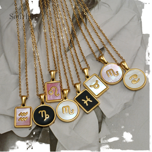 Collana da Uomo con 12 Segni Zodiacali in Acciaio al Titanio Placcato Oro 18K, Gioiello Trendy con Ciondolo a Conchiglia in Stile Geometrico Europeo e Americano - Product Image 1