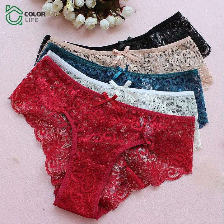 Lace Women's Mid-waist Briefs Sexy Breathable Cotton Crotch Underwear