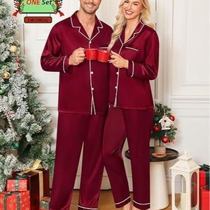 Ensemble de pyjamas en satin doux assortis pour la famille, polyester, rouge vin, manches longues, vêtements de nuit pour adultes et enfants, vêtements de maison pour les vacances - Product Image 3