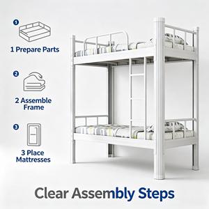 Lit superposé en acier blanc, lit superposé en métal stable avec barrière de sécurité et échelle pour dortoir, personnel, étudiants, auberge de jeunesse - Product Image 2