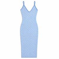 Robe moulante trapèze en maille de laine bleu clair pour femme, bretelles spaghetti, sans manches, mi-longue, extensible, jacquard, sexy, été, OEM ODM