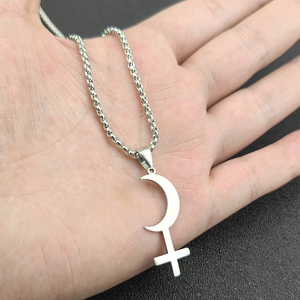 Collier avec pendentif en forme de croix de lune argentée, symbole de Lilith, pour femmes, breloques en acier inoxydable, symbole astrologique, signe, amulette, bijoux - Product Image 2