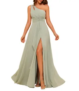 2024 Summer Elegant Ladies One Shoulder Keyhole Sleeveless Ruched Ruffle Bridesmaid Maxi Dresses for Women