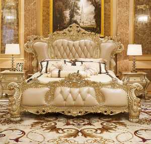 Vintage Royal Classic Bedroom Set <b>High</b>-end <b>Top</b> Layer Beige Leather Wood <b>Bed</b> - Product Image 6
