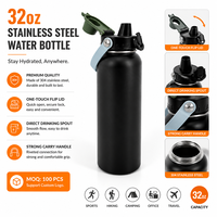 Bouteille d'eau réutilisable en acier inoxydable de 32 oz, isotherme, avec couvercle à ouverture à une touche, anti-fuite, design pour boire directement