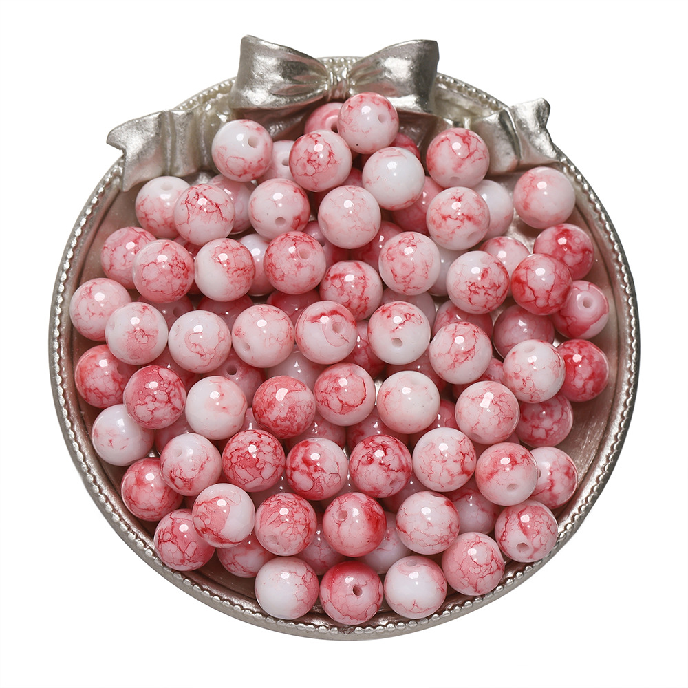 Perles de verre à motifs en porcelaine - rouge et blanc