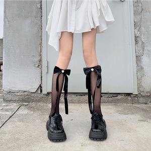 Fairy Bow Lolita Black Stockings Mid Calf Thin 15D Nylon Transparent Women's Spring Socks - Product Image 2