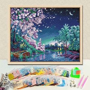 Kit de Pintura de Diamantes, Paisaje Nocturno con Flores de Cerezo, Taladro Redondo, Taladro Completo, Arte DIY con Marco, Forma Rectangular - Product Image 1