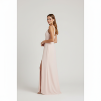 Robe longue classique en satin pour femme grande taille, col en V, taille empire, silhouette trapèze, fente haute, dos nu, bretelles spaghetti, OEM ODM
