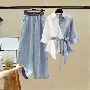 Completo Donna <span class=keywords><strong>Primavera</strong></span> Estate Nuova Versione Coreana Camicia a Due Pezzi con Inserti <span class=keywords><strong>e</strong></span> Jeans a Gamba Larga Set da Due Pezzi Ringiovanente - Product Image 1