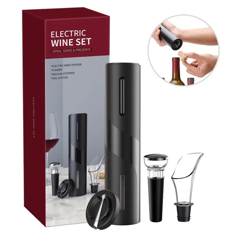 Set hadiah pembuka botol anggur elektrik, pembuka botol Stainless Foil Cutter & pembuka botol Logo OEM kompatibel untuk penggunaan Bar