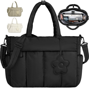 New Women's Cotton Fabric Water Resistant Handbag Puffer Dolphin Laptop <b>Work</b> <b>Bag</b> 15.6 Inch Quilted Travel Flowers Zipper Closure - Product Image 1