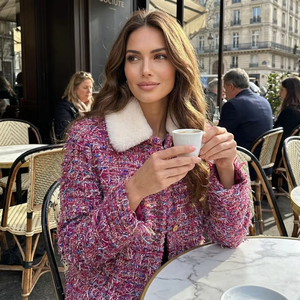 Giacca in Tweed Lussuosa Monopetto Rosa Fucsia da Donna, Blazer Sottile in Bouclé, <span class=keywords><strong>Cappotto</strong></span> Elegante in Lana Primaverile Stile Parigino - Product Image 1