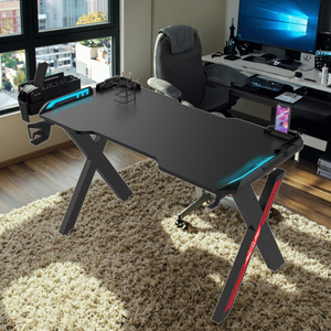 高級ブラック100cm RGB LEDレーシングゲームデスクX型エクステンダ付きカップホルダー人間工学に基づいたPCラップトップコンピュータテーブルカーボン製 - Product Image 4