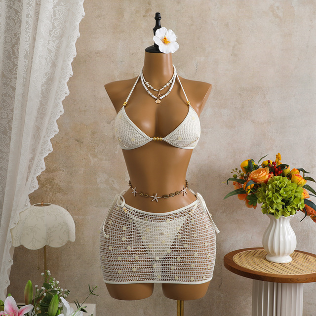 2026 New Sexy Retro Mesh Sequin Bikini Three Piece Swimsuit