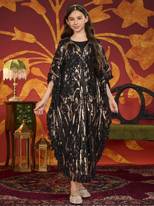 New Girls Muslim Sequin Embellished <strong>Kaftan</strong> Abaya with Tassels <strong>Black</strong> Islamic Kids Clothing - Product Image 4