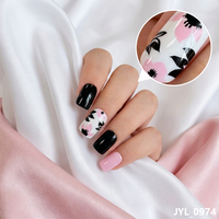 Faux ongles à presser roses et noirs à motif floral, courts et carrés, avec motif de fleurs, étiquette privée, vente en gros