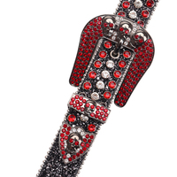 Ceinture Western Personnalisée Rouge Foncé avec Strass Tête de Mort, Ceinture Cowboy Punk Rockstar Ornée de Cristaux et Boucle Diamantée Scintillante