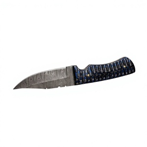 Couteau de camping à lame fixe en acier Damas avec manche en bois Pakka bleu 20 cm - Couteau de survie DIY pour l'extérieur - Product Image 2