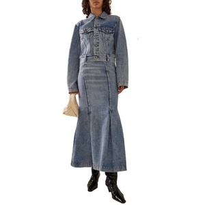 กระโปรงยีนส์ทรงเอเอวสูงแบบพับได้จากโรงงานจีน สีฟ้าฟอก สำหรับผู้หญิง - Product Image 2