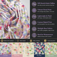 Tissu en satin de chiffon élastique 50D imprimé floral, 100 % polyester organique, antistatique, extensible et léger, pour jupes et robes de filles