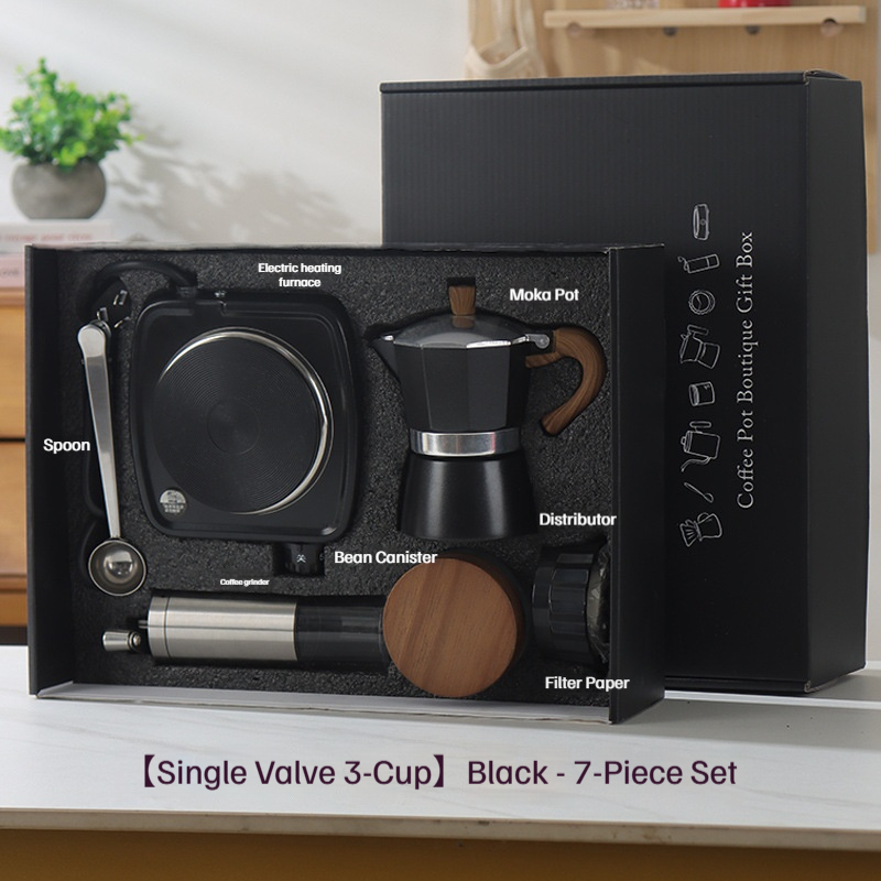 Coffret cadeau volant-pot à moka ensemble 7 pièces-boîte noire-pot noir