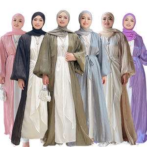 Loriya femmes à la mode avant ouvert Abaya modeste robe longue avec maille brillante Polyester manches régulières solide islamique a-ligne - Product Image 1