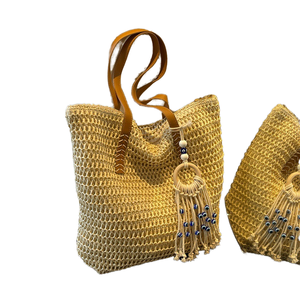 Sac à bandoulière en paille à trois rayures pour femme, grande capacité, sac seau, sac à main portable pour voyage et plage, Tanjing - Product Image 1