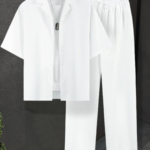 Özel logo erkekler's eşofman rahat gevşek artı boyutu kısa kollu düğme gömlek şort 2 adet Jogger takım rahat kısa erkekler için Set - Product Image 5