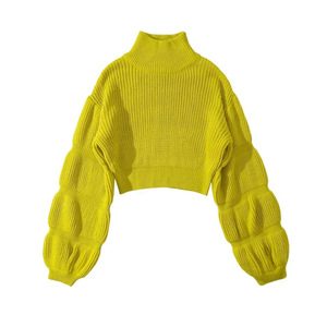 Nouveau <span class=keywords><strong>pull</strong></span> court en maille unie décontracté pour <span class=keywords><strong>femme</strong></span>, avec <span class=keywords><strong>manches</strong></span> lanternes matelassées, idéal printemps, automne, hiver - Product Image 4