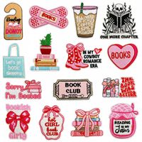 Patch Bordir Pink Bookish Girly Bertema Membaca, Dapat Disetrika, Hadiah untuk Pecinta Buku & Kopi, Aplikasi Dekoratif Pakaian