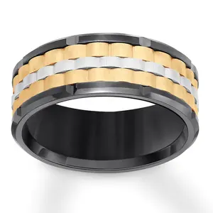 Gentdes Jewelry Basketweave Center & Bevel Edge Tungsten Sculpture Ring With Plated Black Tungsten Rings For Men