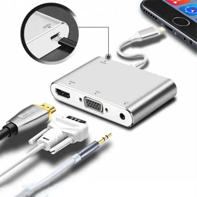 Convertisseur Audio Vidéo HDTV Numérique 4 en 1 pour iPhone vers HDMI Adaptateur VGA AV pour iPhone Xs X XR 8 7 6plus pour iPad Air/mini/pro