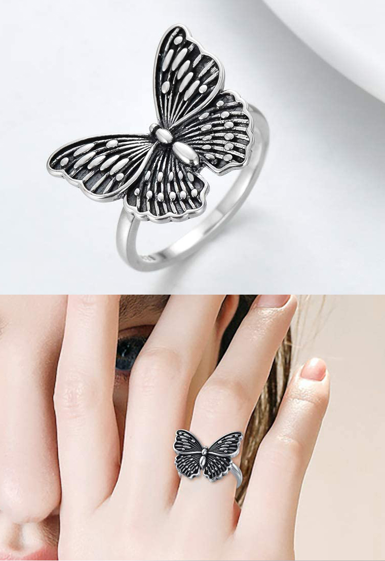 Statement Women Rings Jewelry 925 Sterling Silver Black Big Fashion Butterfly Rings