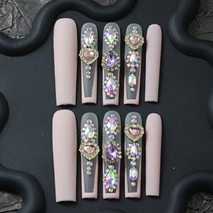 Uñas acrílicas artesanales de alta gama al por mayor, uñas postizas cuadradas de cobertura completa, acabado rosa mate, diseño con diamantes de imitación, personalizables - Product Image 2