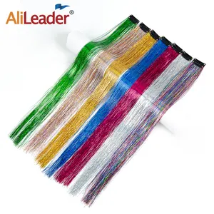 AliLeader Hot Selling Golden Silver Rainbow Colored Hair Tinsel Clip In Fairy Hair Clip In Glitter Hair Extensions