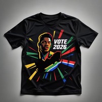 Camiseta de poliéster para las elecciones de Sudáfrica 2026 con estampado de rostro votando, mapa colorido y líneas radiantes, camiseta negra de alto rendimiento