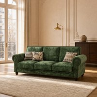 Canapé trois places en velours vert avec coussins, garniture cloutée et accoudoirs roulés, pour salon, vente en gros, direct usine