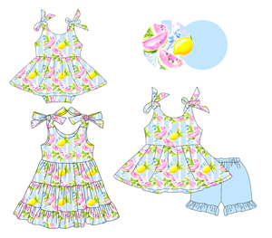 Conjunto Infantil GSSO3610 Personalizado para Niña, Diseño Casual sin Mangas con Estampado de Sandía Rosa y Rayas de Limón, Venta al Por Mayor - Product Image 1