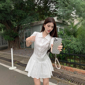 White Shirt Dress For Women Short Sleeve Polo Neck Pleated Skirt Set Breathable Casual Daily Wear - Product Image 3