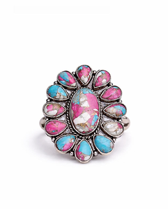 Sterling Silver Cotton Candy Turquoise Cluster Flower <b>Statement</b> <b>Ring</b> Boho Artisan Gemstone Jewelry for Women Everyday Wear - Product Image 1