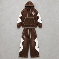 Conjunto Deportivo Personalizado con Apliques Bordados, Sudadera con Capucha de Algodón Grueso Lavado al Ácido, Pantalones Holgados de Corte Recto, Estilo Vintage para Hombre