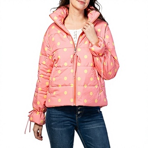 Custom Women's Polka Dot Stand Collar <b>Quilted</b> <b>Jacket</b> Zip-Up Drawstring Cuff Winter Padded Coat Manufacturer - Product Image 1